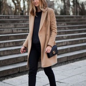 Camel khaki long trench peacoat tan button